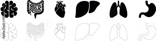 Human organ icons set, internal organs of human icon sheet, organs icons set with lungs, kidneys, stomach, intestines, brain, heart, spleen and liver, skin, artery, blood, in filled and outlined style