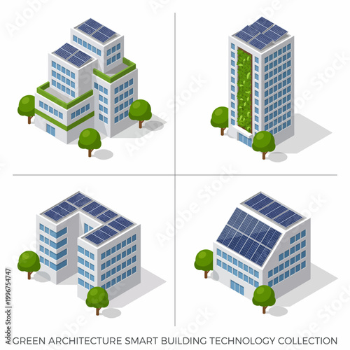 A collection of modern green architecture buildings with solar panels and sustainable design