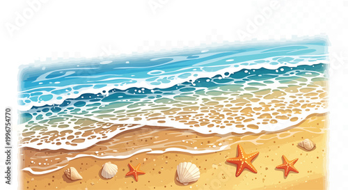 Beach Scene with Red Starfish and Shells on Sandy Shore by Ocean