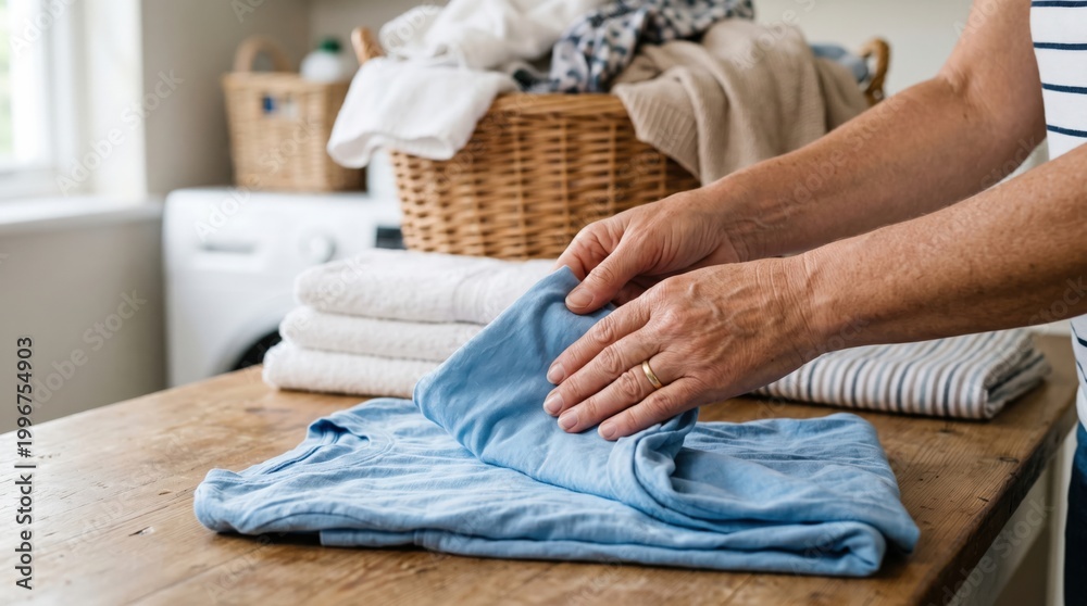 Fototapeta premium Elderly female hands folding clean laundry on wooden table, senior independent living
