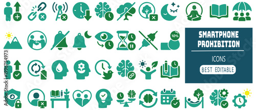 Collection of flat design icons representing different aspects of digital detox and mindful living.