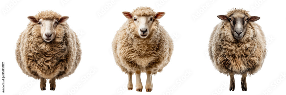 Fototapeta premium Set of single fluffy white sheep standing calmly, full body visible on transparent png background. Ai generated