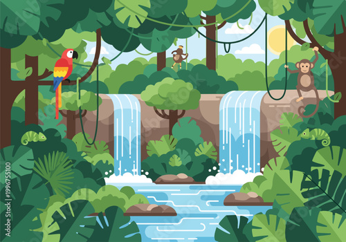 A colorful jungle scene with a waterfall