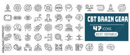Collection of conceptual line icons representing cognitive behavioural therapy and brain gears for various abstract ideas.