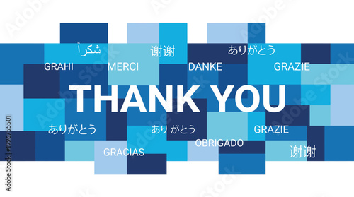 A colorful graphic with the words 'THANK YOU' in large white letters on a blue background with various translations of 'thank you' in different languages.