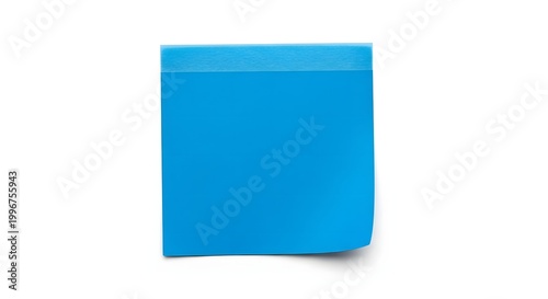 Single bright blue sticky note attached to white background with slight shadow underneath showing its curl and texture for notes and reminders