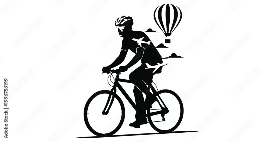 Fototapeta premium Silhouette of a cyclist riding with hot air balloon and clouds for travel concept
