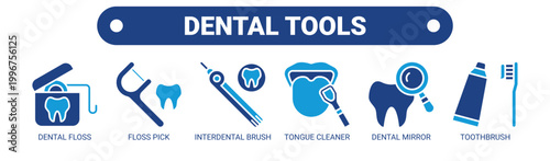 Dental Tools web banner icon vector illustration concept with icons of dental floss, floss pick, interdental brush, tongue cleaner, dental mirror, and toothbrush. 