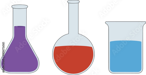 Chemistry glassware illustration with colorful liquid in flask and beaker, laboratory science equipment isolated on minimal clean background design