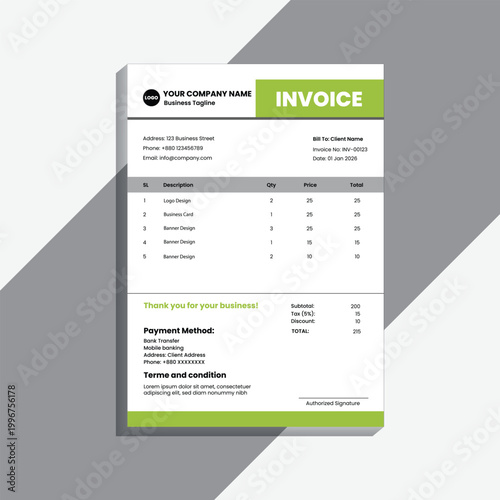 A modern and professional invoice template design featuring a clean layout, minimal typography, and corporate branding style. This design is ideal for businesses, freelancers, agencies, and startups l