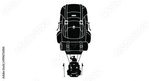 Surreal silhouette of a large hiking backpack as a hot air balloon with explorer