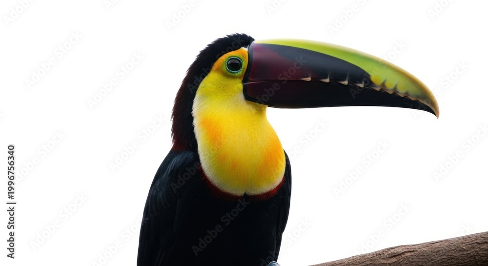 Fototapeta premium Closeup of a colorful toucan perched on a branch against white.