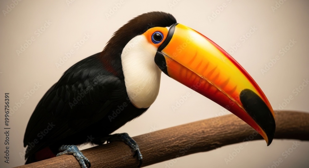 Fototapeta premium Closeup of a majestic toucan perched on a branch showcasing its vibrant beak.