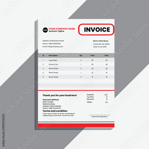 A modern and professional invoice template design featuring a clean layout, minimal typography, and corporate branding style. This design is ideal for businesses, freelancers, agencies, and startups l