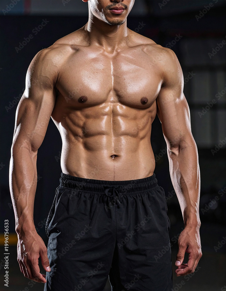 Obraz premium Muscular man with defined abs and toned physique standing confidently, wearing athletic shorts, concept of strength, discipline and health