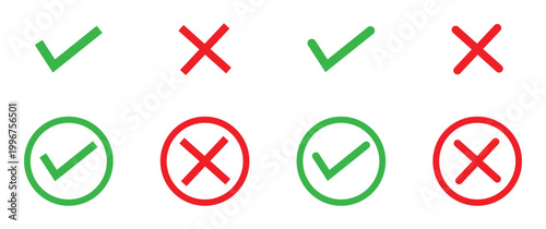 Art & Illustration Checkmark cross icon Checkmark icon set. Green checkmark and red cross sign. Symbols of approval and Decline. Checkmark right symbol tick sign. Vector illustration.