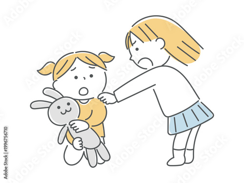 Foto おもちゃの取り合いをする女の子のイラスト単色