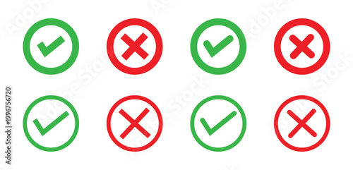 Green tick mark and red cross sign in circle icons for correct and incorrect answers, yes and no buttons tick and cross icons. Vector illustration.