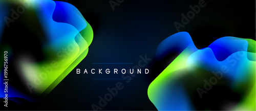 Abstract fluid shapes, vibrant blue, green hues dominate dark background. Modern design, smooth gradients create dynamic visual effect.