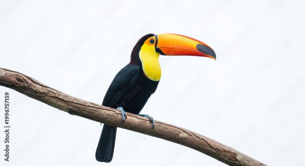 Fototapeta premium Colorful Toucan Perched on Branch Against White Background.