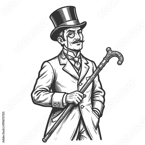 Victorian gentleman in a top hat, holding a decorative cane and wearing a monocle sketch engraving generative ai fictional character vector illustration. Scratch board imitation. Black and white image
