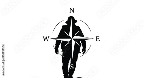 Compass navigation symbol with person silhouette for travel adventure and exploration concept