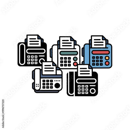 A collection of office fax machines in various colors and styles