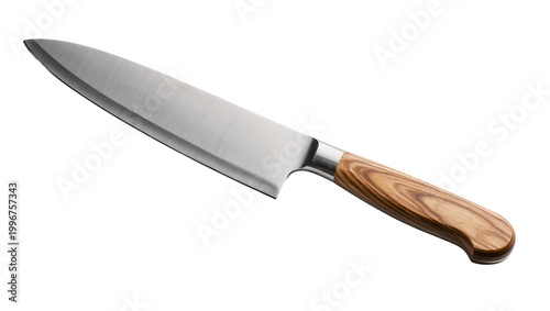 Bilde på lerret Sharp stainless steel chef s knife with polished metal blade and wooden handle,
