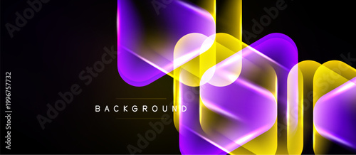 Abstract design features vibrant purple, yellow layers. Geometric shapes overlap creating dynamic visual effect. Dark background emphasizes luminosity.