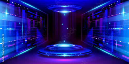Futuristic technology stage with hologram portal and neon blue light effects. Vector realistic illustration, digital platform for AI data visualization, innovation tech lab with advanced HUD interface