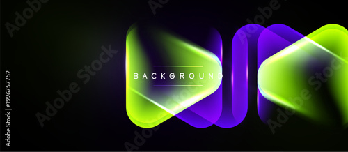 Abstract neon shapes overlap, creating vibrant glow. Dark background emphasizes luminous green, purple hues. Modern design element.
