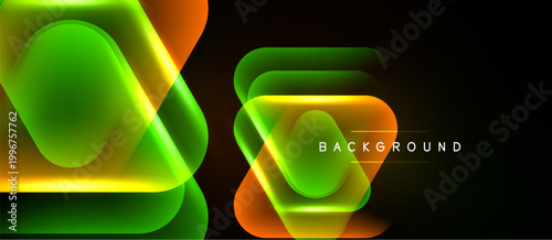 Abstract neon shapes overlap, creating vibrant gradients. Dark background emphasizes glowing lines, modern design element.