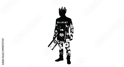 Punk rock musician artist with crown hairstyle holding gun or microphone standing confidently in urban setting with bold fashion style