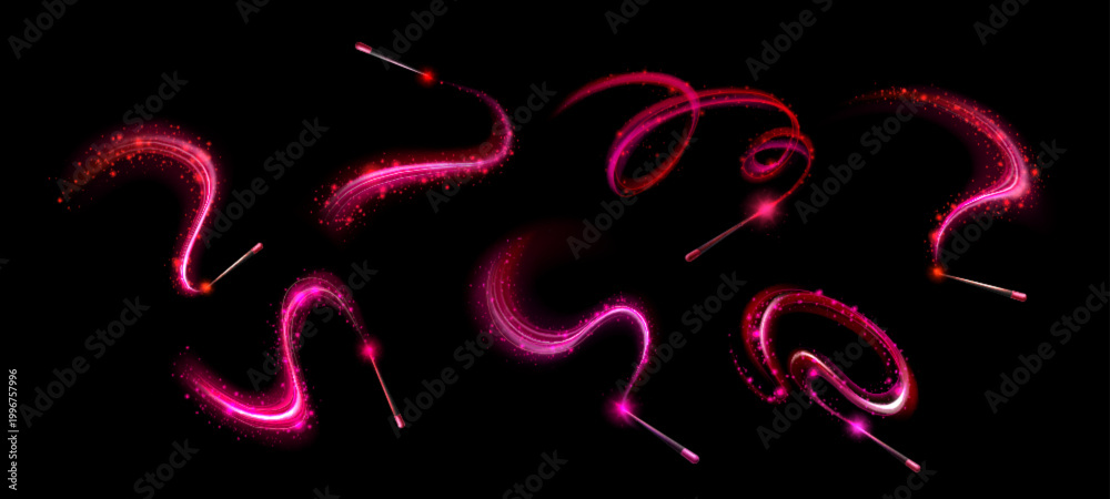 Naklejka premium Magical wand with glowing sparkles and light trails, realistic vector set on transparent background. Fairy spell effect, shimmering stars and particles, and luminous swirls, enchanting atmosphere