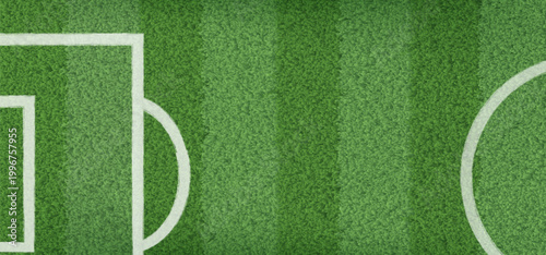 Top view of soccer field with green grass striped texture and white line marks, vector illustration. Realistic pitch surface for sport backgrounds and football stadium playground