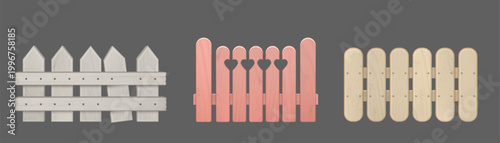 Realistic set of wooden fence with picket panels isolated on background. Vector realistic illustration of pink garden gate with hearts, old farm barrier with damaged plank, rustic yard design element