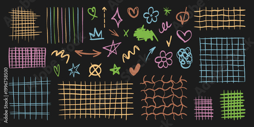 Hand drawn grid pattern with pencil doodle lines or color crayon strokes, cartoon vector texture on black background. Abstract checkered sketch elements for creative school design, grunge drawing