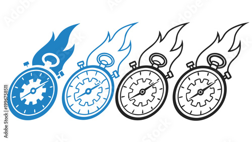 Vector illustration set of four burning stopwatch icons with gear symbol inside