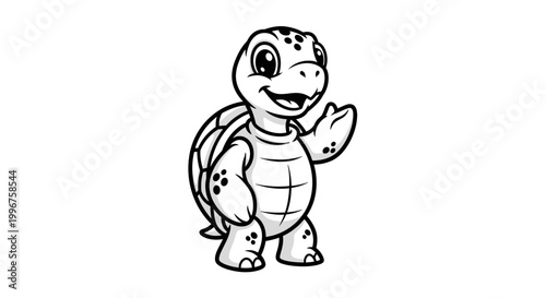 Cute cartoon turtle mascot waving on white background