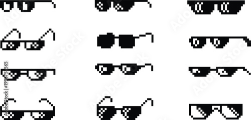 Pixel art sunglasses set retro eyewear collection black shades icons vector illustration isolated