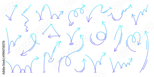 Dynamic arrow set with spiral trajectories and bounce curves, vector ball jumping icons with movement direction, rebound paths, neon blue flowing lines on black background