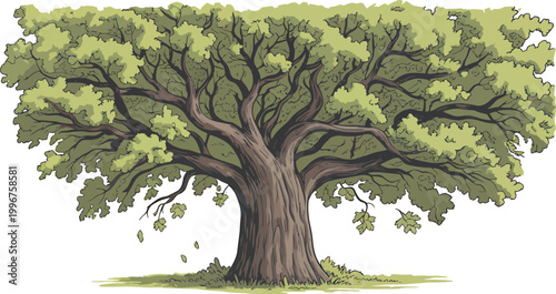 Large deciduous oak tree in summer with branches