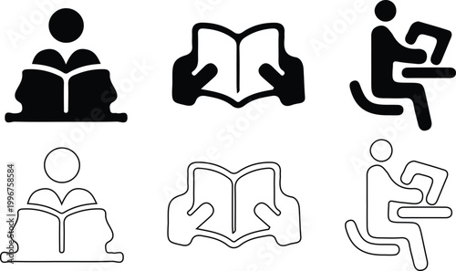 Reading and education icons silhouette illustrations of learning and knowledge