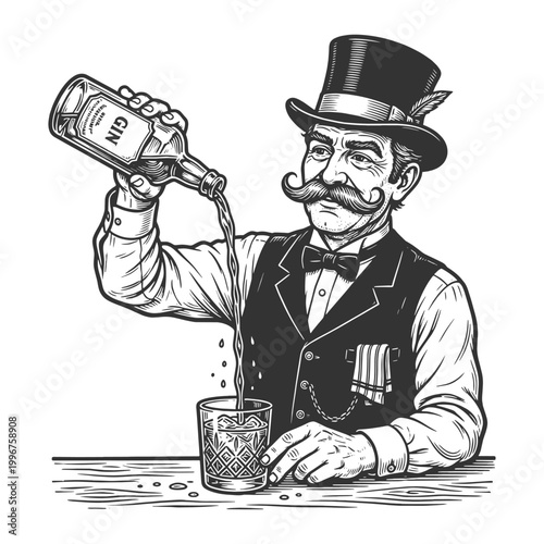 stylish vintage bartender in top hat pouring gin into a cocktail glass, evoking classic bar culture sketch engraving generative ai vector illustration. Scratch board imitation. Black and white image.