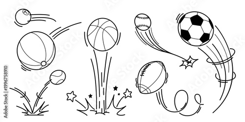 Dynamic ball bounce set with spiral spinning trajectory and jumping curves, vector speed motion doodle icons with movement direction effect, rebound paths, black flowing lines on white background