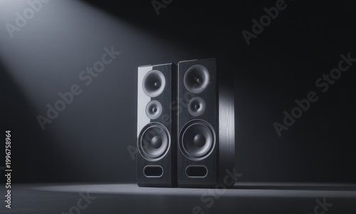 Two black studio monitor speakers in a dark environment.