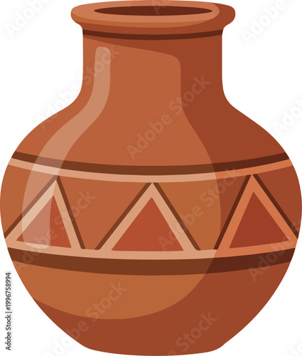 Traditional handmade clay pot with geometric triangle pattern decoration.