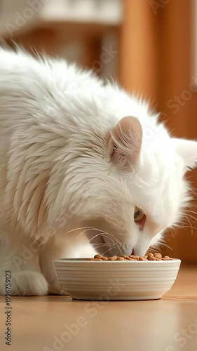 White Fluffy Cat Eating Dry Food From a Bowl
