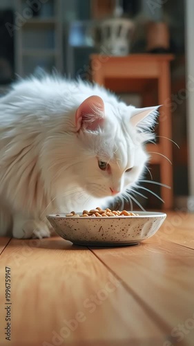 Fluffy White Cat Eating Dry Kibble From a Ceramic Bowl