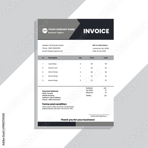 A modern and professional invoice template design featuring a clean layout, minimal typography, and corporate branding style. This design is ideal for businesses, freelancers, agencies, and startups l